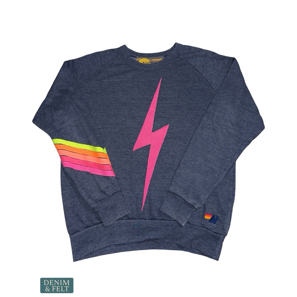Aviator Nation Lightning Bolt Rainbow Sleeve Pullover Sweatshirt Navy Lounge XS - Picture 6 of 11